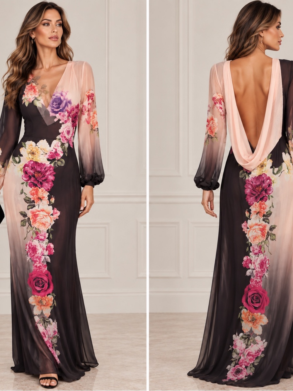 AFRM Black and Pink Floral Backless Chiffon Maxi Dress